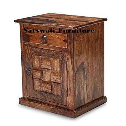 Sarswati Furniture Sheesham Wood Bedside Table for Bedroom | Wooden Side End Table | 1 Drawer & Cabinet Storage | Teak Brown Finish