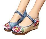 AvaCostume Multicolor Lotus Embroidery Mary Jane Wedges Sandals Shoes