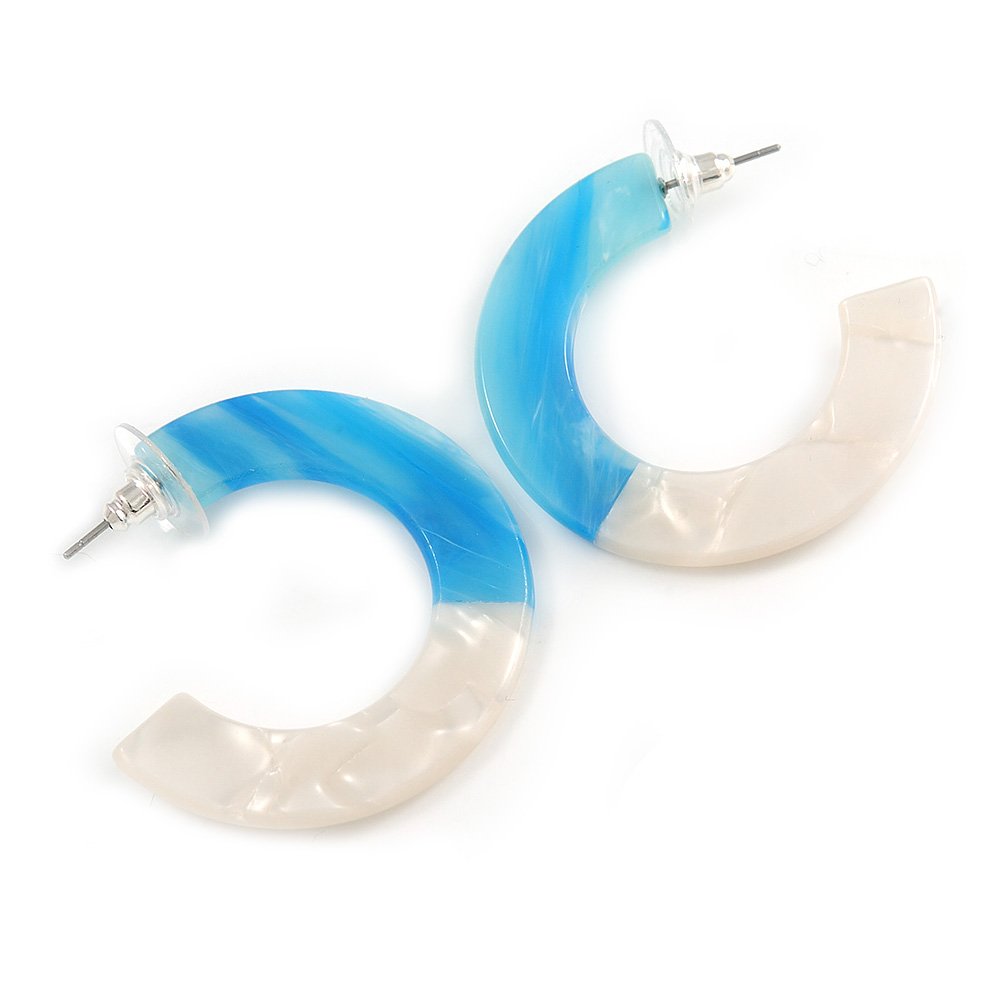 40mm D/Marble Off White/Light Blue Acrylic/Plastic/Resin Half Hoop Geometric Earrings with Silver Tone Closure