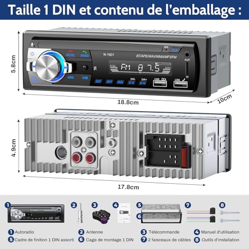 Wistrue FM Bluetooth Car Radio with 2 USB, 1 Din Car Radio Support AUX/SD/TF/MP3, Compatible with iOS/Android