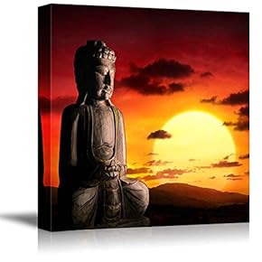 Canvas Prints Wall Art - Buddhist Statue in Front of Sunset | Modern Wall Decor/Home Decoration Stretched Gallery Canvas Wrap Giclee Print. Ready to Hang - 12" x 12"