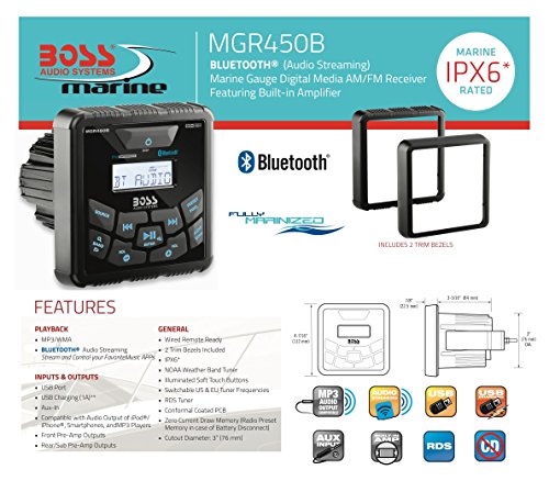 BOSS Audio Systems MGR450B Marine Boat Bluetooth Stereo, Amplified, No CD