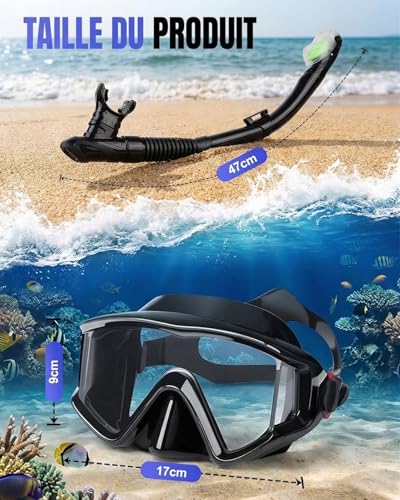 Hingue Diving Mask with 180° Panoramic Vision, Anti-Fog and Anti-Leak Adult Snorkel Mask with HD Tempered Glass, Adjustable Snorkeling Snorkel for Swimming, Diving and Snorkeling