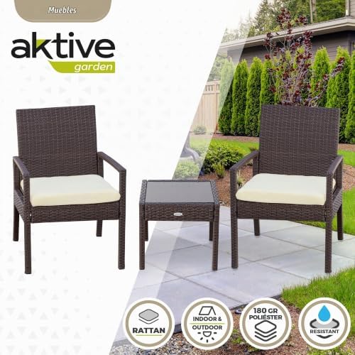 61068 - Set muebles para jardín y terraza ratán, Muebles terraza exterior, incluye 2 sillones jardín exterior con cojín acolchado y 1 mesa terraza exterior, Conjunto jardín exterior, Oscuro