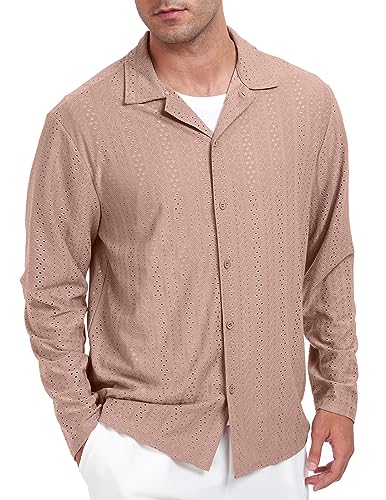 ZAFUL MENS CASUAL FULL BUTTON DOWN SHIRT LONG SLEEVE STYLISH CLASSIC CUBAN COLLAR SHIRTS TOPS (PINK L)