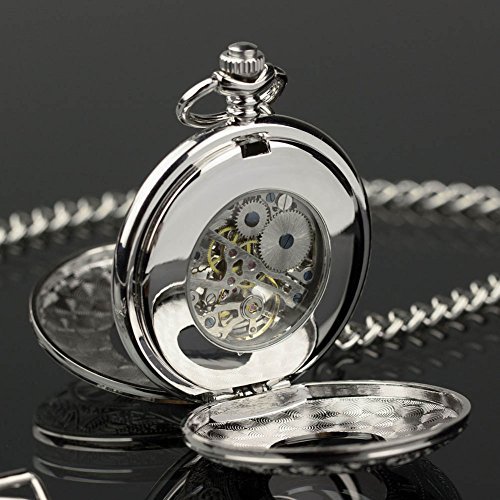 Silver Windup Skeleton Mechanical Mens Pocket Chain Watch Steampunk Vintage