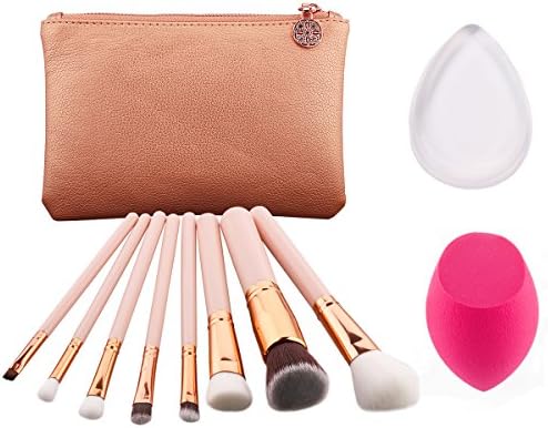 MEYSHAR Makeup Brushes Set with Case&amp;Concealer Sponge&amp;Silicone Sponge Brush Egg (8+2pcs,Pink Rose Gold)