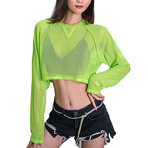 Women's Extra Short Sheer Mesh Crop Top Long Sleeve Buckle Closure Tank Tees (L, Green 2)