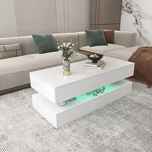 Modern LED Coffee Table 2 Drawers High Glossy Coffee Table with 16 Colors Led Lights 2 Tiers