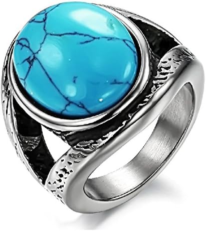 EnM Jewelry Vintage Style Stainless Steel 21mm Oval Synthetic Turquoise Ring Wide and Bold 4