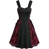 LUNARA Womens Gothic Flocking Flower Lace Up Tank Dress | Halloween Costume,Sleeveless,Knee Length,A Line Silhouette,Goth Dress,High Waisted