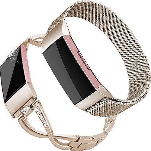 Oitom Metal Bands Compatiable with Charge 3 Women Men,2 Pack 1 Bling Fashion Band+1 Adjustable Stainless Steel Band(Small Champagne)