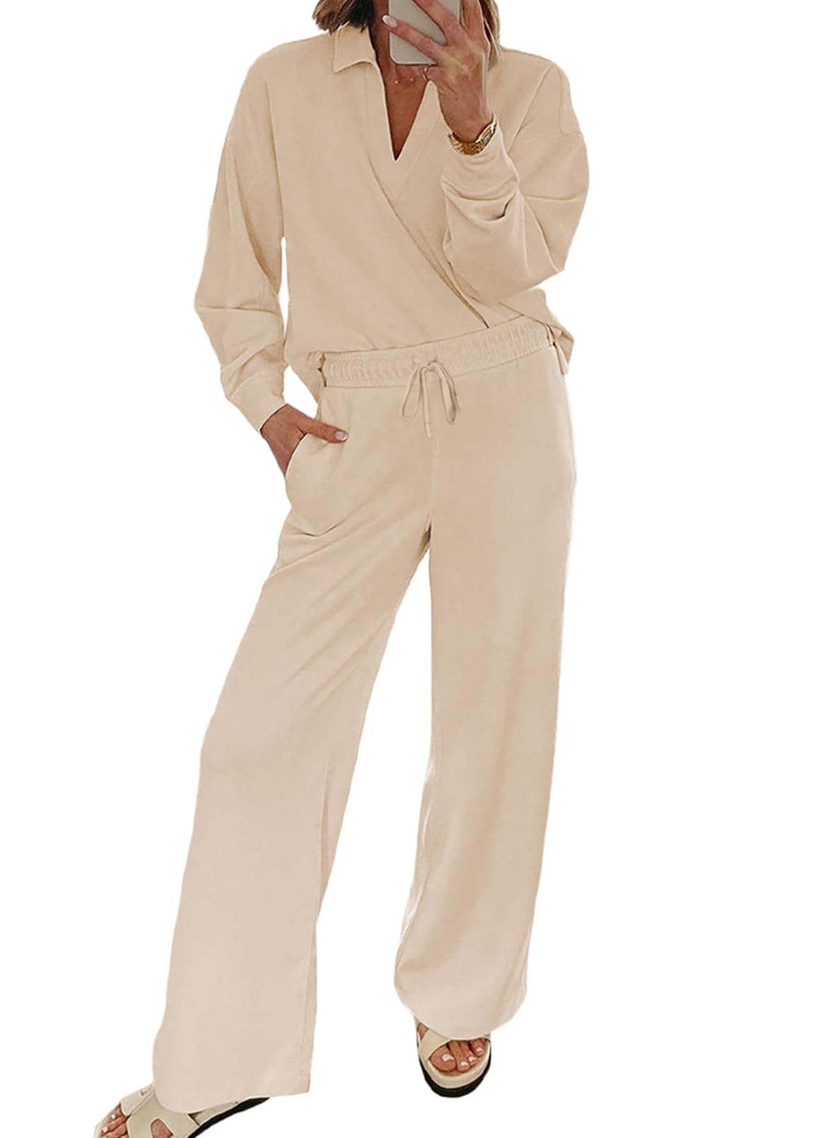 Photo 1 of ***ONLY PANTS*** EVALESS Two Piece Sets for Women Fall 2025 Lounge Sets Casual Long Sleeve V Neck Sweatshirt and Wide Leg Sweatpants Sweatsuit Matching Sets Women Outfits Clothing Apricot Small