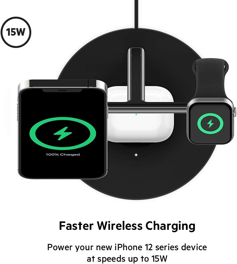 Belkin MagSafe 3-in-1 Wireless Charger, 15W iPhone Fast Charging, Apple Watch, AirPods Charging Station for iPhone 12, Pro, Pro Max, Mini, AppleWatch and AirPods