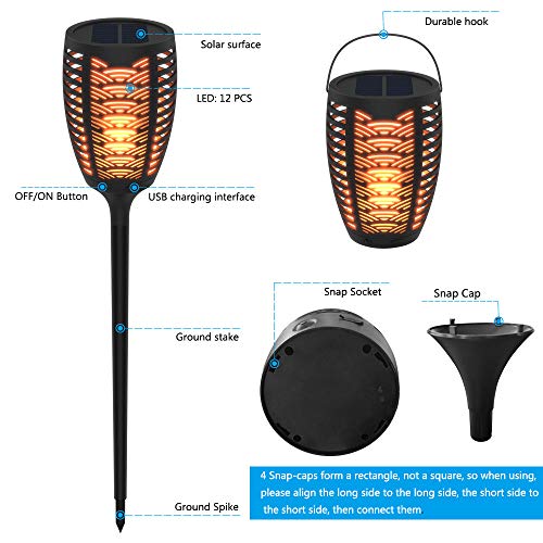 FOXLUX Solar Lights - Torch Lights & Table Lantern & Hanging Lights 3 in 1, Light Sensor Outdoor Lighting, Waterproof Flame Lights, Solar Powered & USB Charging Security Lights for Pathway (2 Pack)