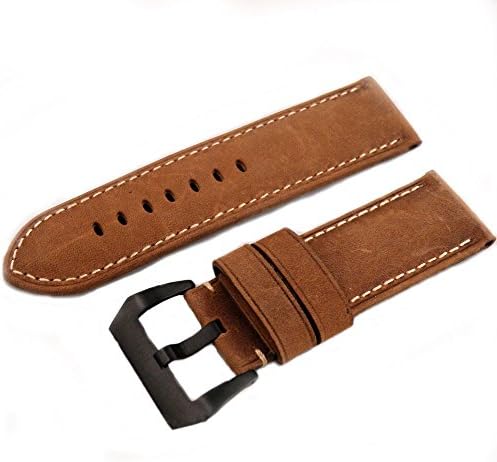 24mm Calf Leather Padded Vintage Watch Band Brushed PVD Tang Buckle for Men