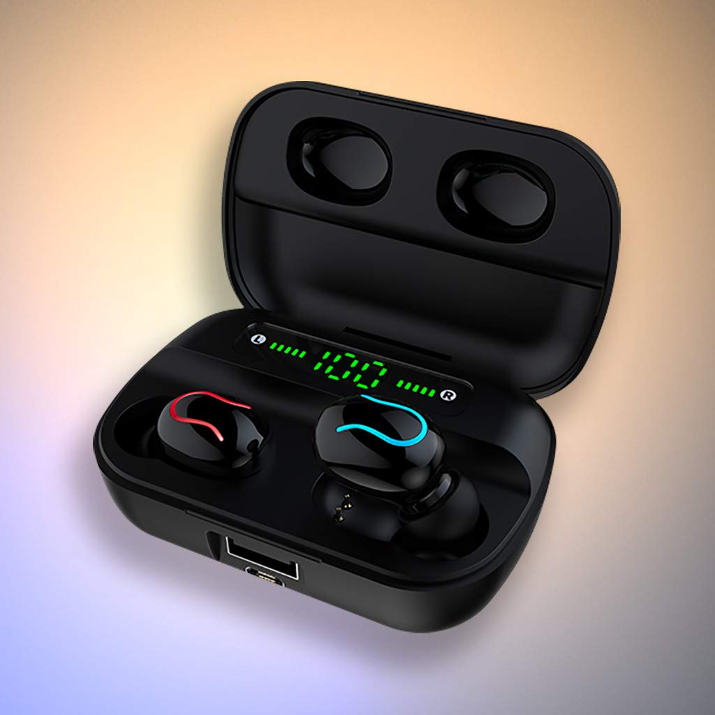 MiMiey Q82-Q35 Binaurales Bluetooth Headset 5.0 kabelloses Headset mit Batteriefach für Digitalanzeige (Schwarz)