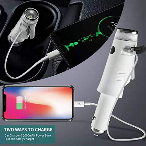 USB Car Charger with Multifunction Seatbelt Cutter Window Breaker Safety Hammer Emergency Portable Power Bank Flash Lights Personal Alarm Escape Tool for Car - 2000mAH - White