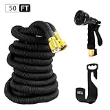 HBlife 50 ft Heavy Duty Expandable Lawn Garden Water Hose with 8 Spray Pattern Nozzle with Triple Layer Latex Core & Latest Improved Extra Strength Fabric Protection