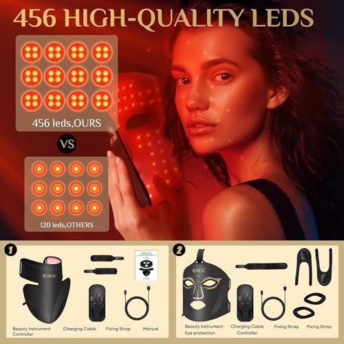 Onisdin Red Light Therapy Mask Set, Five-Level Brightness Adjustment for Face and Neck, 630nm Infrared Light + 850nm Near-Infrared LED Therapy Phototherapy, Portable Mask with Power Storage, Black
