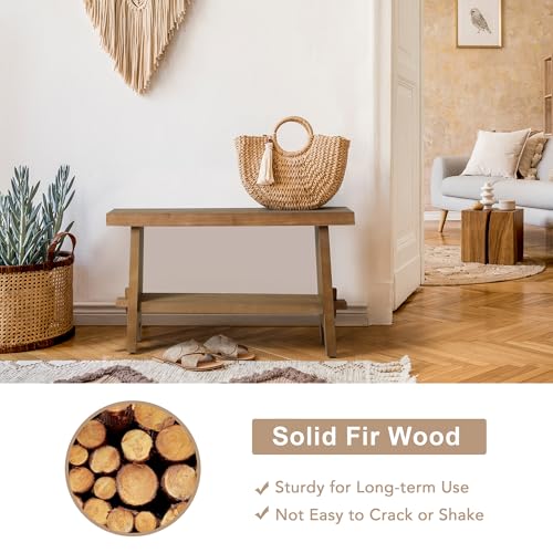 HOKYHOKY Solid Wood Entryway Bench - 31.5" Farmhouse Small Storage Bench, Rustic Narrow Bench Seat for Indoor, Entryway, Dining Room, Living Room and Hallway, Brown