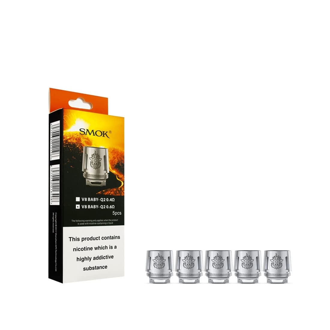 Smok V8 Baby Q2 Replacement Coils, 0.6 Ohm, Works With Tfv8 Baby Tanks, Durable Design and Intense Flavor, Smok Vaping Coils, Refillable, Pack of 5, No Nicotine