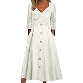 Womens Fall Dresses for Wedding Guest, Casual Plus Size Cross Button Long Sleeve Tiered Maxi Dress with Pockets