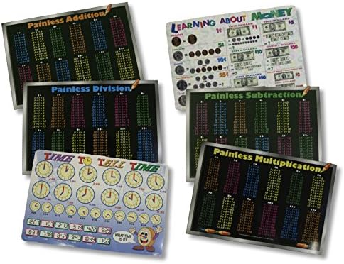 Painless Learning Placemat Set for Kids: Addition, Subtraction, Multiplication, Division, Money and Time (Set of 6 Wipe-off Placemats)