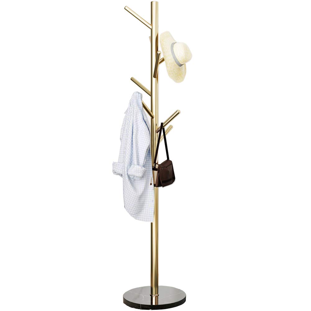 Metal Coat Rack Stand Golden Satin Steel Finish Stable Marble Base, High-Grade with Hooks Metal Tree Hat & Coat Hanger Floor Free Standing Wall Bedroom Easy Assembly (Golden)