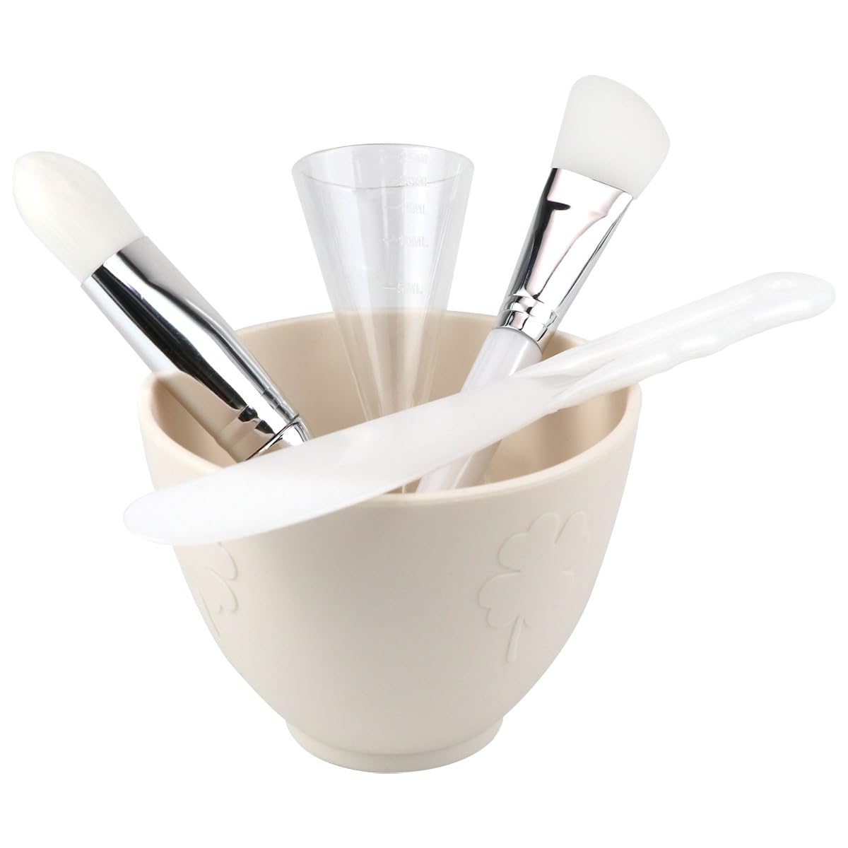 LNQ LUNIQI Silicone Face Mask Mixing Bowl Set, 5 Pcs DIY Mask Tool Kit with Brush applicator Measuring Cup Stirring Rod for Face Cures, Beige
