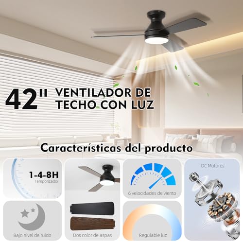 HONGHCL Ventilador de Techo con Luz 42in - Abanico de Techo Silencios con Luces Regulable, Velocidad Ajustable, Remoto (Negro)