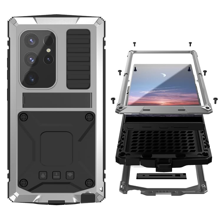 Simicoo Compatible with Samsung S21 Plus Metal Bumper Silicone Case with Stand Built-in Screen Protector Gorilla Glass Hybrid Durable Military Heavy Duty Rugged Full Body Camera Cover (Silver)