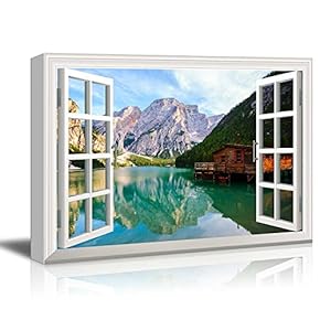 Window View Nature Landscape Lake and Wood Cottage in Mountains Gallery 12x18 inches