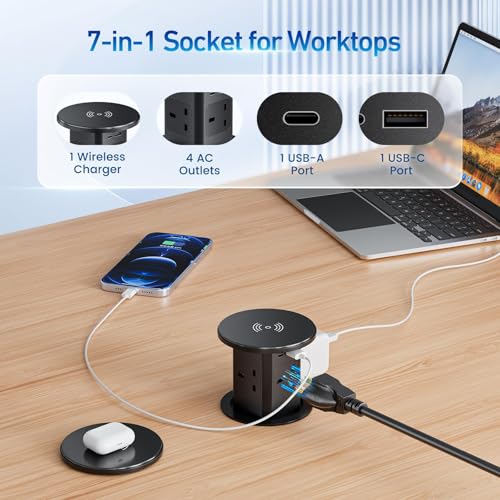 LBOYLOVE® 7-in-1 Pop up Socket – Automatic Power Outlet with 15W Wireless Charger, 4 AC Outlets, 1 USB-A & 1 USB-C for Kitchen Worktops & Desk Countertops