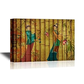 Chinese Culture Canvas Wall Art - Ancient Chinese Woman on Bamboo Style Background - Gallery Wrap Modern Home Art | Ready to Hang - 12x18 inches