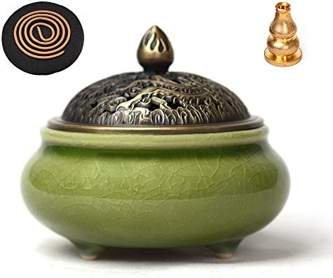 HJXL Ceramic Incense Burner Porcelain Incense Holder,Ice-Patterned Handmade Censer Tang Dynasty Style (Green)