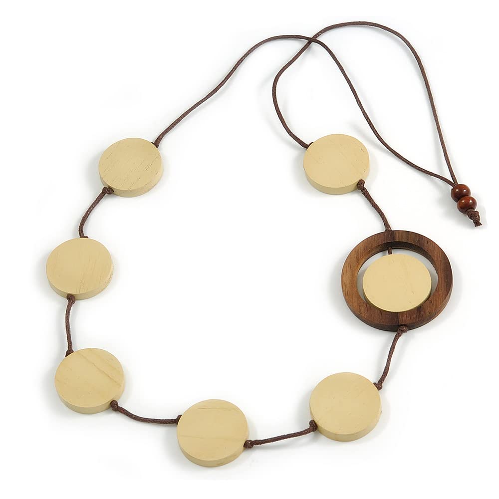 Avalaya Cream/Brown Coin Wood Bead Cotton Cord Necklace - 80cm Long - Adjustable