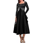 GREEKKNIGHT Sequin Mother of The Bride Dresses for Women Long Sleeve Satin Tea Length Formal Dress Wedding Guest Gown