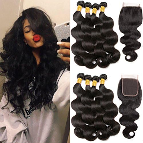 Shireen Brazilian Body Wave With Closure 3 Bundles with Free Part Lace Closure Human Hair Weave 100% Unprocessed 8A Virgin Hair Extensions 18 20 22+16inch Black Color