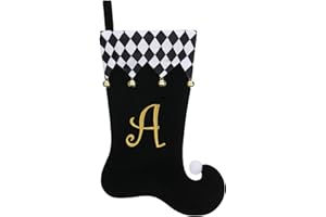 TWSANTAMAS Personalized Elf Christmas Stocking - 19 Inch Black Velvet with Gold Monogram, Checkered Cuff & Bells, Fireplace Decor A
