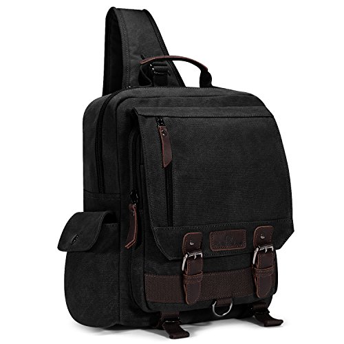 Plambag Canvas Sling Backpack One Strap Travel Sport Crossbody Bag Black