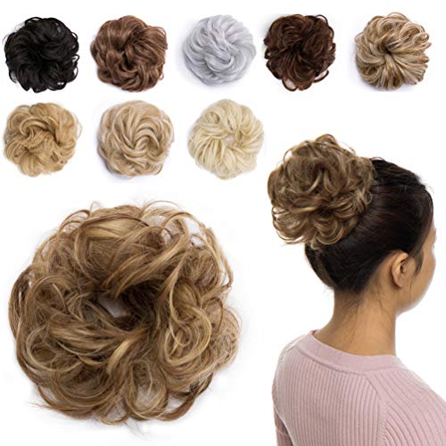 Messy Hair Bun Extensions Synthetic Updo Chignons Donut Elastic Bride Bun Ponytail Scrunchy Hairpiece Wig Accessory for Women 35g Ginger Brown Mix Golden Blonde-Medium