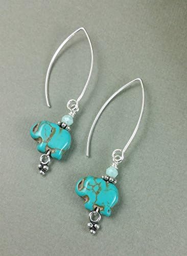 Elephants Turquoise Blue Howlite Gemstone Crystal Sterling Silver Summer Beach Earrings