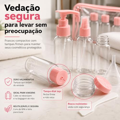 Frascos para Viagem Kit 9 Peças com Estojo Transparente Ideal para Shampoo Condicionador Sabonte Líquido Cremes Hidratante com Funil para Encher Recipientes Cosméticos (Branco)