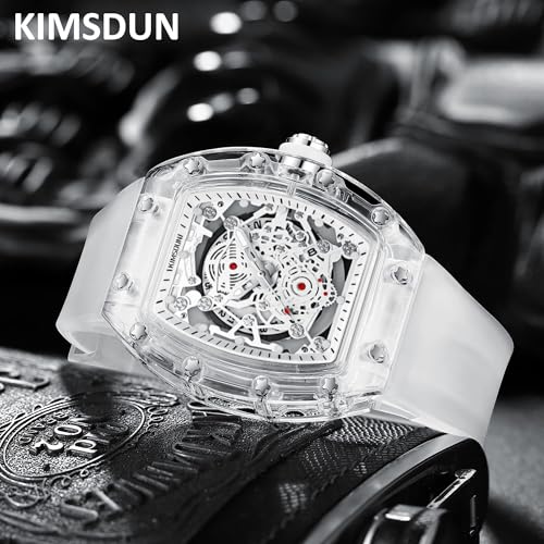 KIMSDUN Stylish Skeleton Sport Watches, Waterproof, Analog Quartz Date Calendar Wristwatch, Transparent Tonneau Case Casual Watch, Silicone Strap for Men Unisex