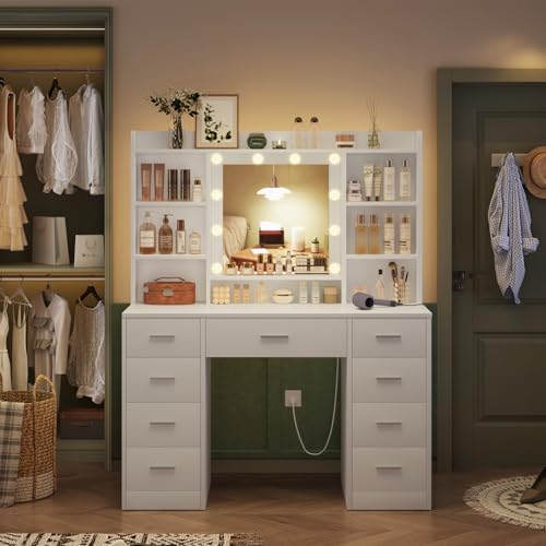 TEENFON 9 Drawers Vanity Desk with Large Mirror and 10 Lights, Makeup Vanity with Power Outlet & 9 Open Storage Shelves, 3 Lighting Modes Brightness Adjustable for Bedroom, White