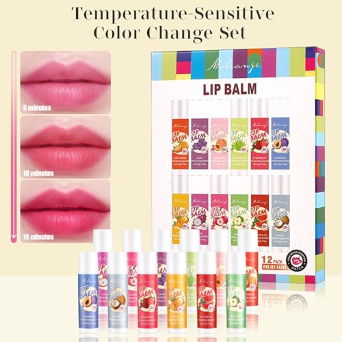 LBOYLOVE® 12 Pcs Lip Balm Set - 12 Flavors Moisturiser Natural Organic Change Color Lip Balm Multipack Care Stick - Vegan lip balm for Kids Mens Girls Womens, Vegan Lips Care