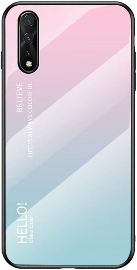 YEESOON Vivo V17 Neo Case, Fantastic Gradient Change Color Case Tempered Glass Backplane Soft TPU Bumper Back Cover for Vivo V17 Neo - Pink+Blue