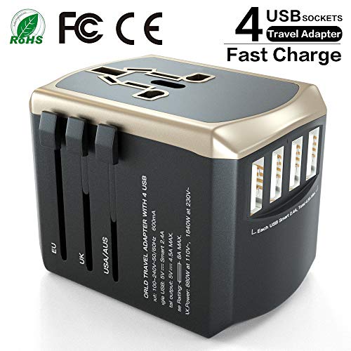 Universal Travel Adapter Power Plug Adapter - Luxsure All-in-one International Power Adapter High Speed 4.5A 4 USB Charging Port Compatible for Phone/Tablet/Laptop Use in USA EU UK AUS (Gold)