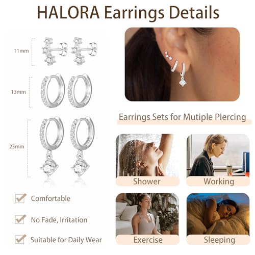 Halora 3 Pairs 925 Sterling Silver Studs Hoop Earrings Set for Women 14K Gold Earring Stacks Hypoallergenic Cartilage Earring Sets for Multiple Piercings Jewellery Valentines Gifts